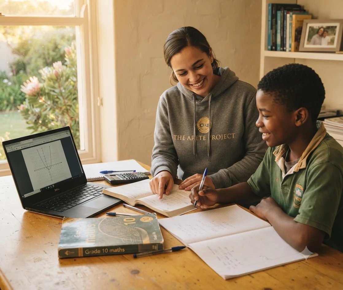 Student studying with tutor in a bright classroom